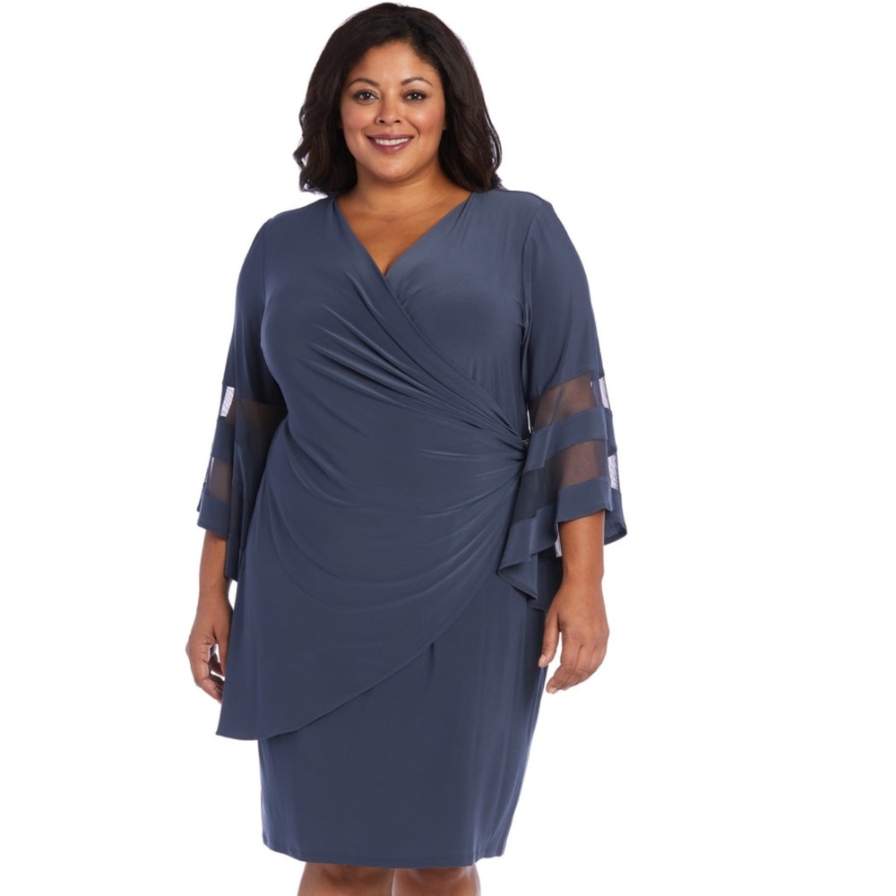 R&M Richards Wraparound Knee-Length Dress w/ Bell Sleeves Charcoal Size 18